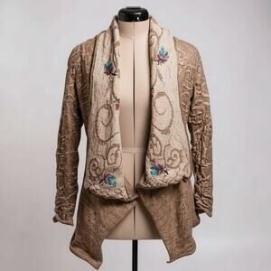 Indigenous alpaca blend waterfall cardigan tan embroidered floral knit S
